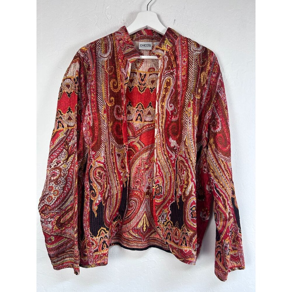 Chico's Women Red Paisley 100% Silk Quilted Jacket Size 3 Open Front Lightweight